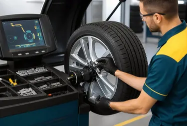 Máquina de balanceamento de rodas em funcionamento.