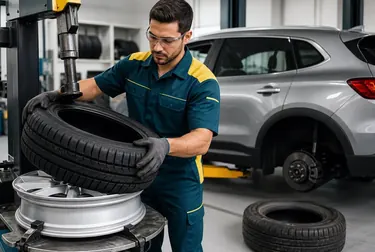 Mecânico realizando a troca de pneus de um carro.