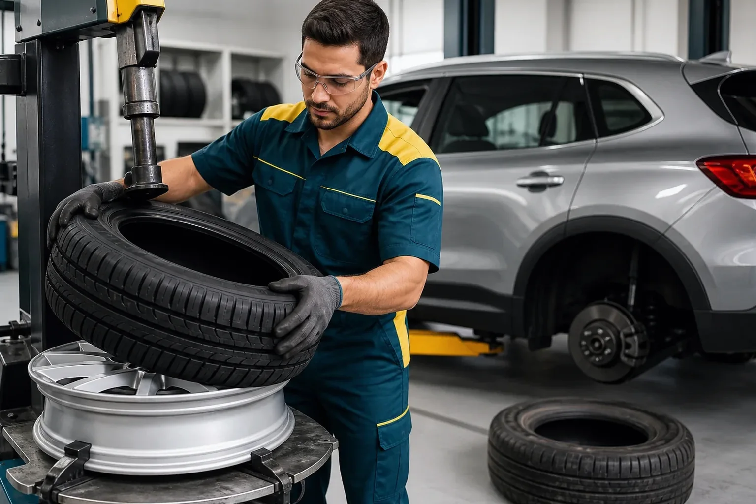 Mecânico realizando a troca de pneus de um carro.
