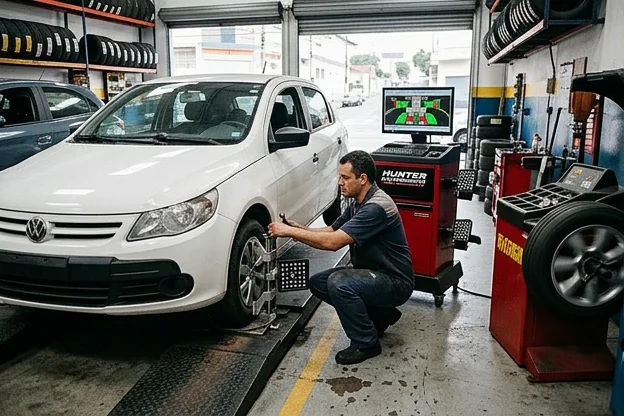 Técnico realizando alinhamento e balanceamento de rodas.