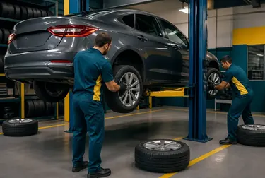 Técnico realizando rodízio de pneus em veículo.