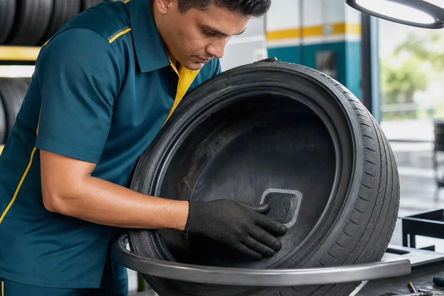 Um profissional consertando um pneu com ferramentas adequadas.